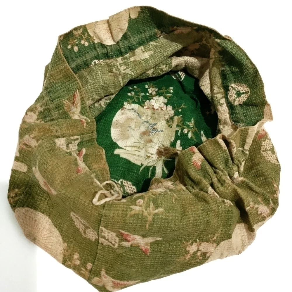TRUE VINTAGE Drawstring Bag 1920 Green Floral Cotton Jewelry Pouch